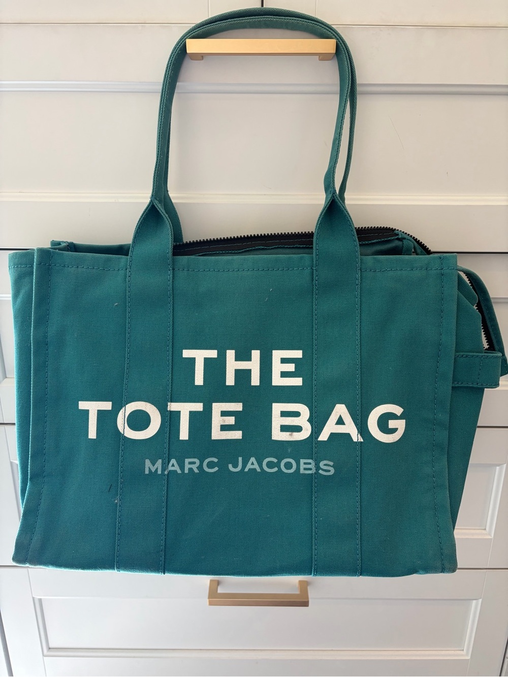 Large Marc Jacobs Teal Canvas Shopper Tote with Bold White Logo
